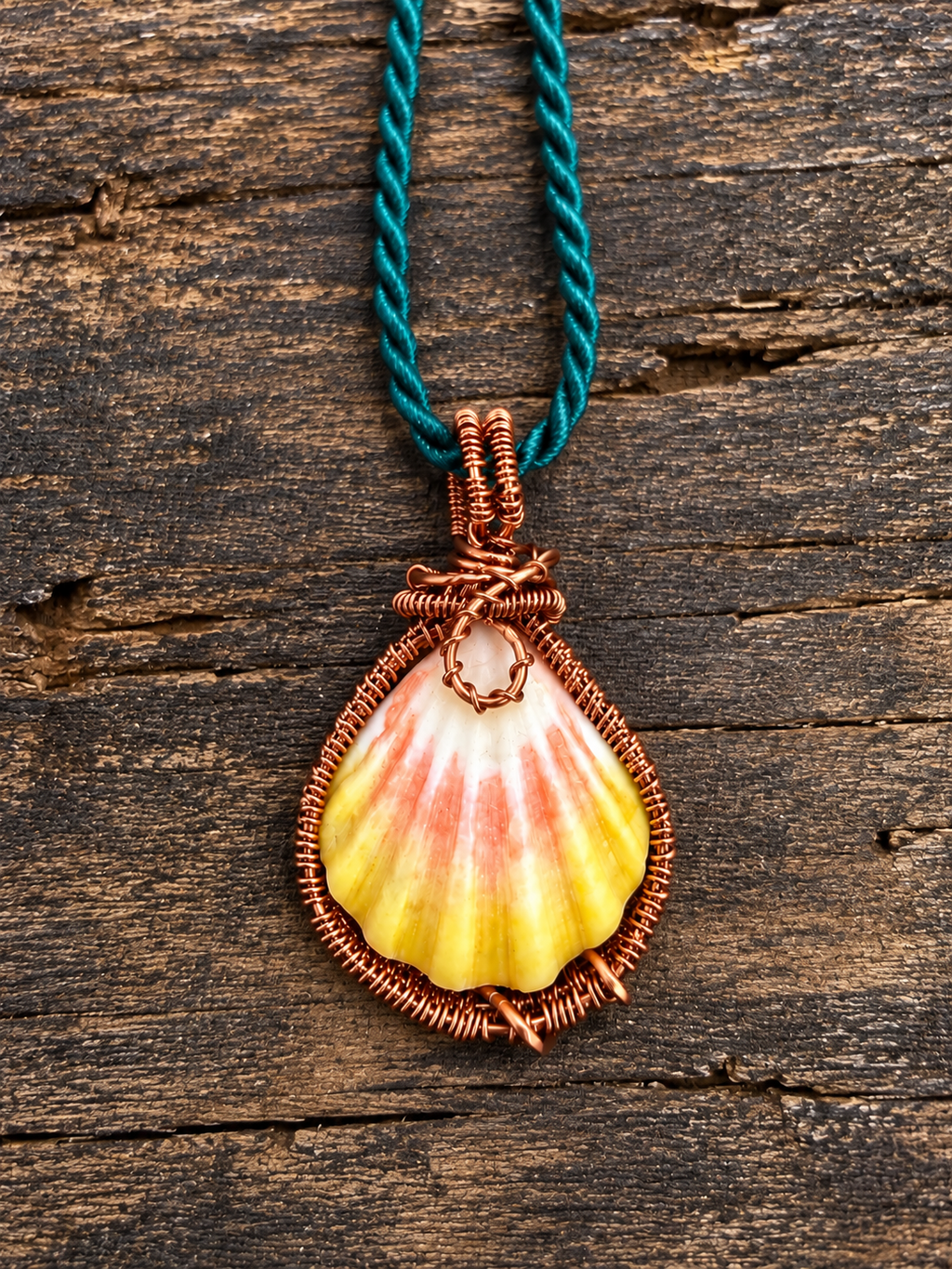 Antique Brass Wrapped Sunrise Shell Pendant