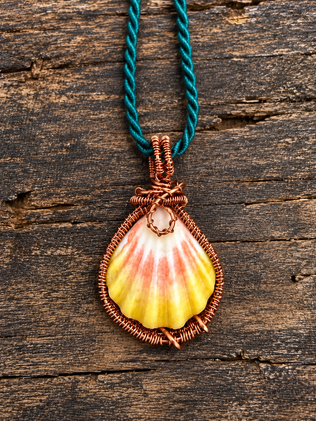 Antique Brass Wrapped Sunrise Shell Pendant