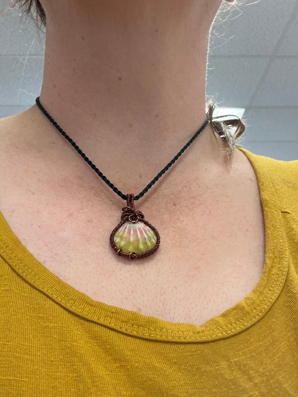 Antique Brass Wrapped Sunrise Shell Pendant